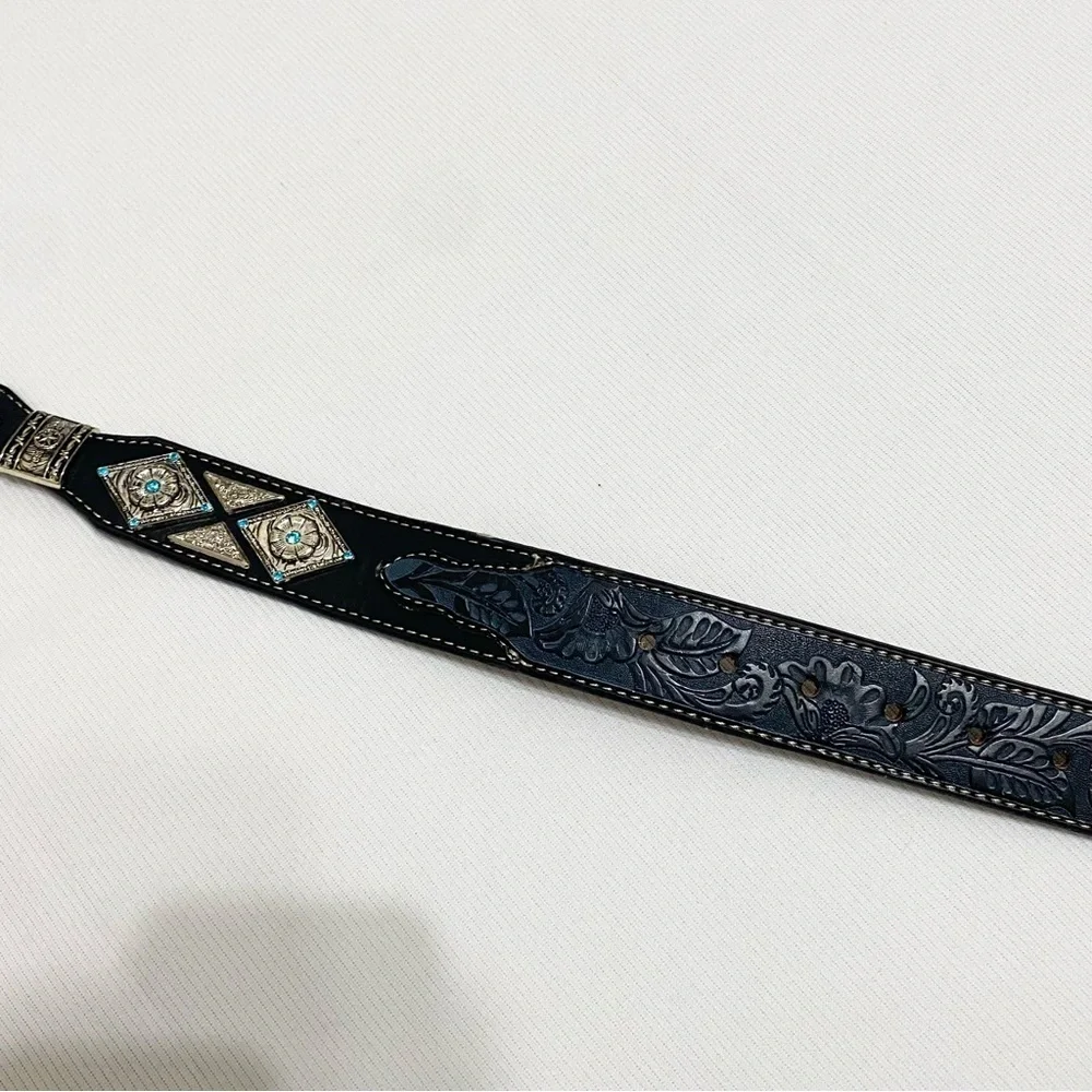 West Star Texas Men’s Western Black Tooled Leather Silver Concho Belt XXL